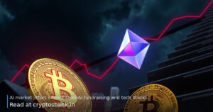 Crypto coins sliding down a dark staircase against a stormy city skyline, representing market jitters.