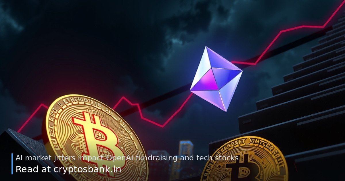 Crypto coins sliding down a dark staircase against a stormy city skyline, representing market jitters.
