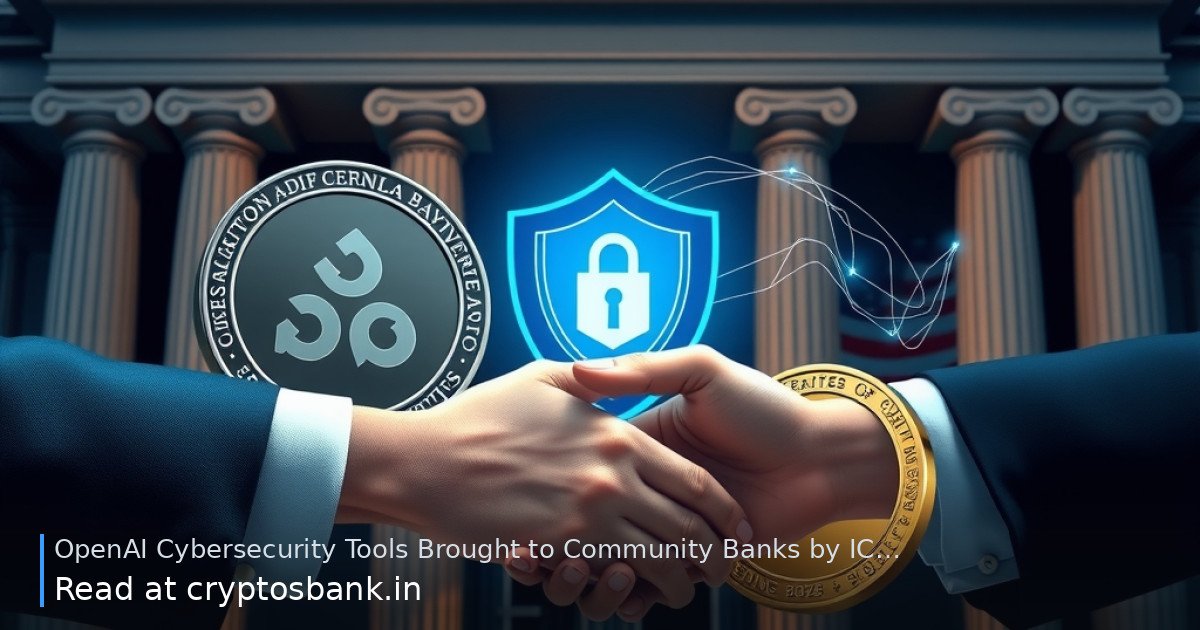 Two hands shaking in front of a bank with digital crypto coins and a glowing cybersecurity shield.