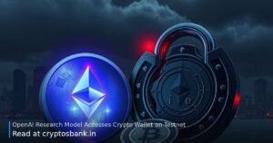 An Ethereum crystal and an AI coin beside a cracked padlock under red warning light.
