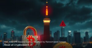 A gold Bitcoin coin beside a cracked padlock and shattered glass shield under red warning lights against a dark skyline.