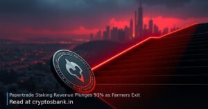 A dark silver coin sliding down a steep staircase with red light trails and a gloomy city skyline.