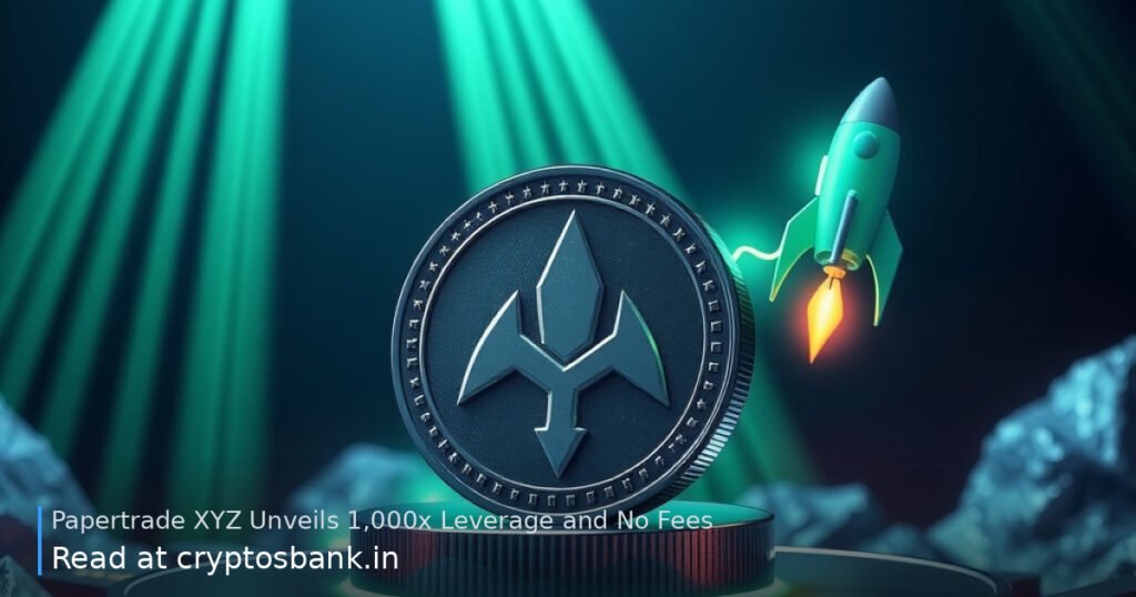 A rocket launching from a coin with an abstract emblem amid rising green light trails.