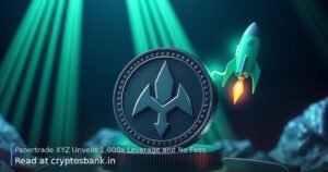 A rocket launching from a coin with an abstract emblem amid rising green light trails.