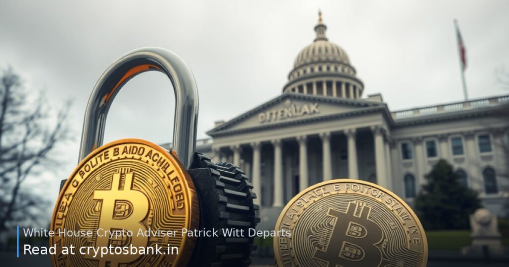 Bitcoin coin and stalled gears before a government building, representing a crypto policy delay.