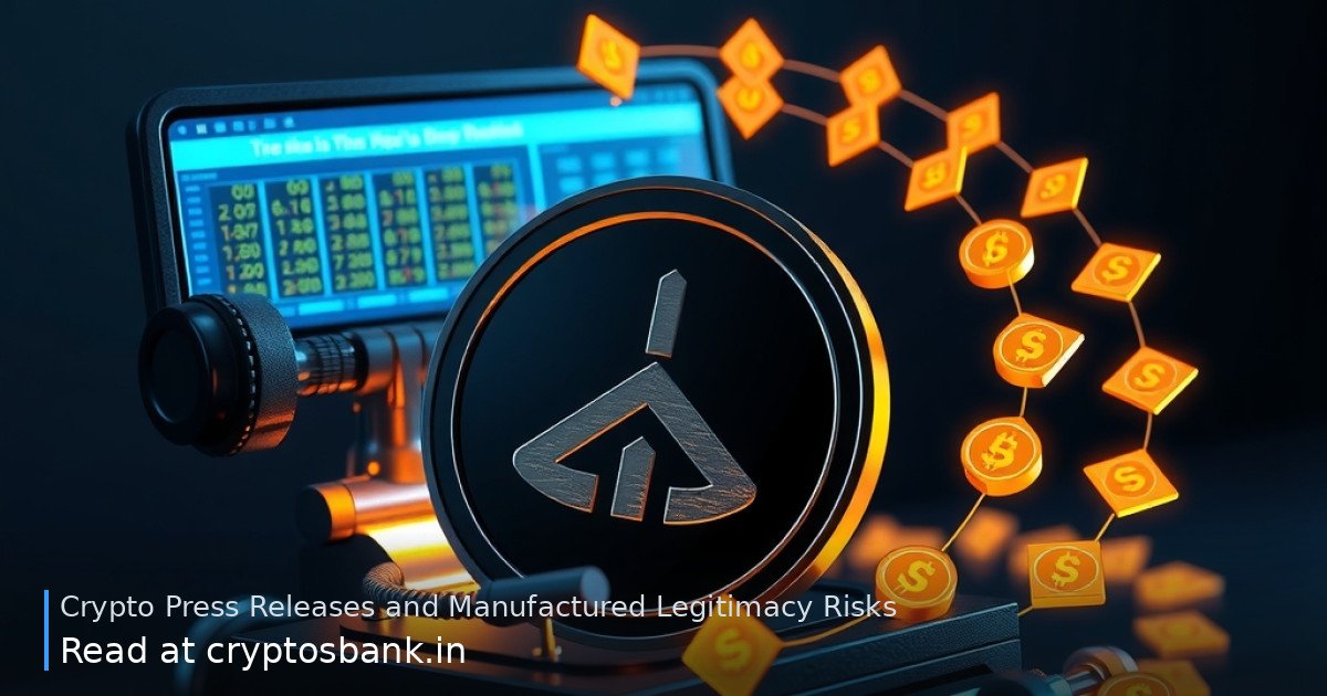 An illustration showing a coin and a printing press creating a feedback loop of crypto news and market credibility.