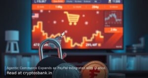 A crypto coin beside a cracked padlock and glowing TV screen showing checkout.