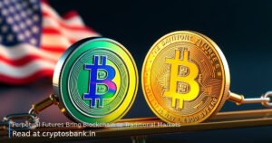 Crypto and traditional finance coins connected by a glowing bridge with a US flag background.