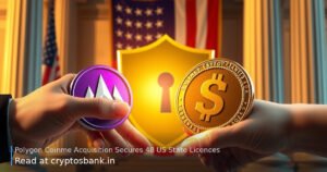Two hands shaking while holding a purple crypto coin and a golden dollar coin against a US flag background.