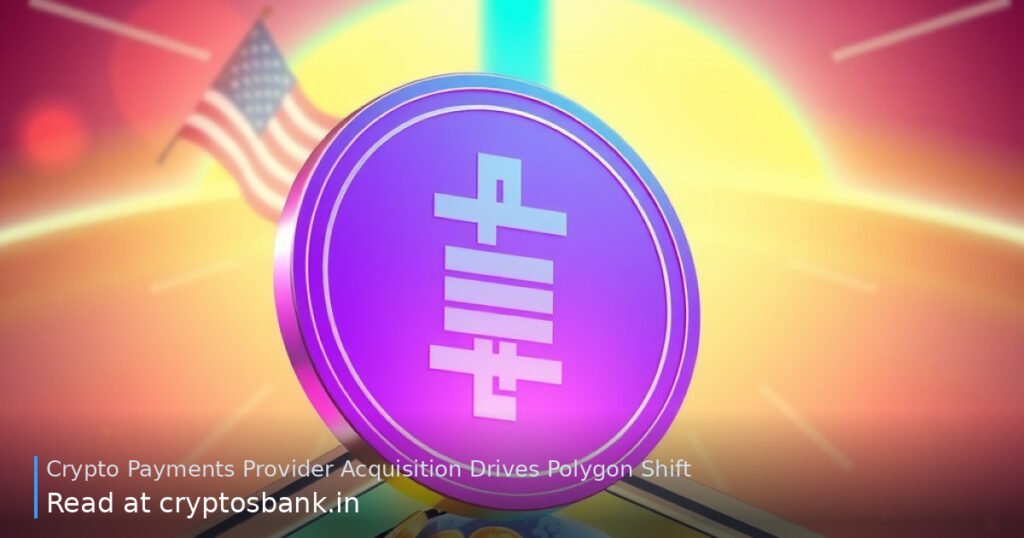 A Polygon crypto coin inserting into a digital payment terminal above a globe with a rising green trend line.
