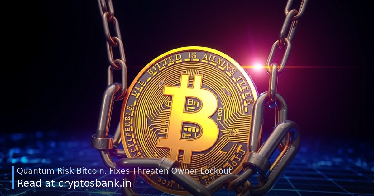 A gold Bitcoin coin trapped behind a glowing quantum lattice and heavy chains.