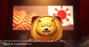 A shiny golden Shiba Inu coin presented in a velvet gift box on a seminar stage with Japan's flag background.