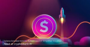 A purple and teal token coin lifting off on a rocket from a golden yield layer.