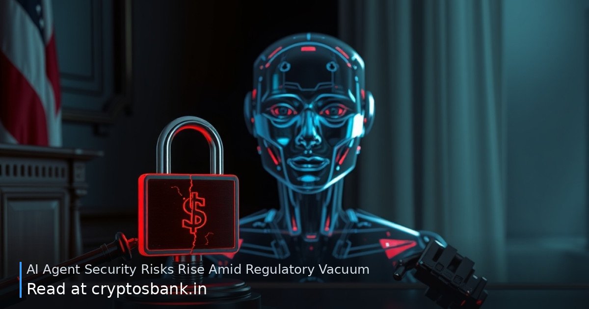 A futuristic robot bust next to a judge's gavel and cracked padlock with an American flag in the background.