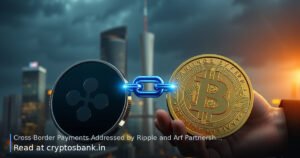 Ripple and Arf coins linked by a glowing bridge over a dark city skyline.