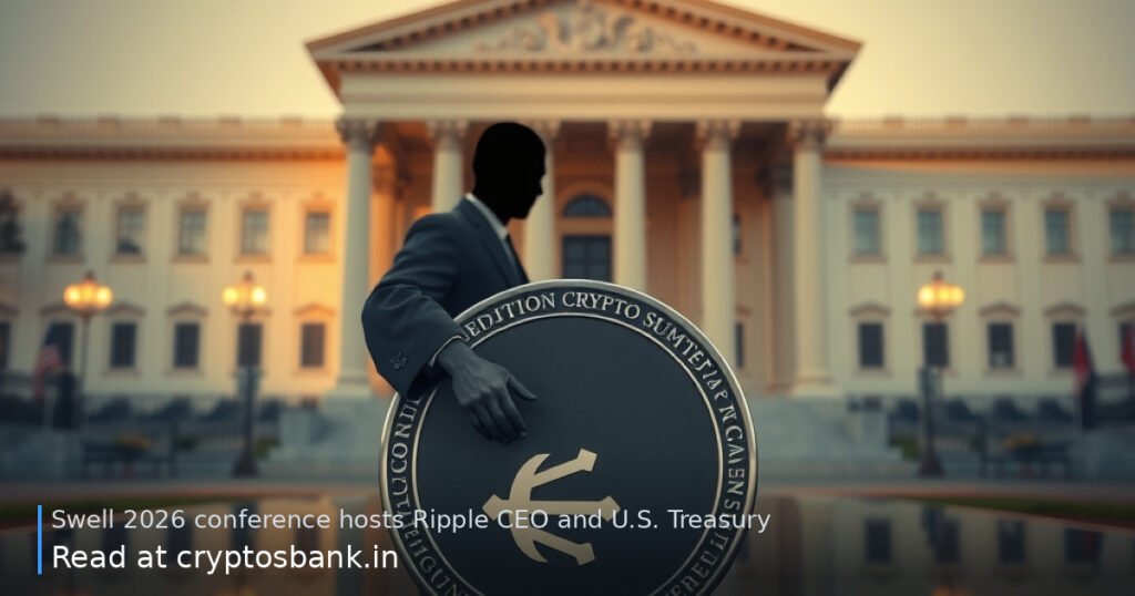 Two anonymous figures shaking hands beside a crypto coin and US government building.