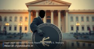 Two anonymous figures shaking hands beside a crypto coin and US government building.