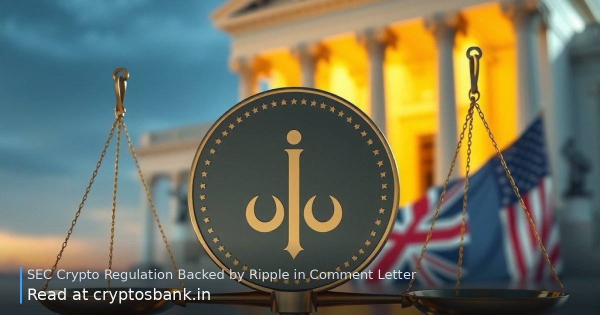 Ripple coin on scales of justice before a government building with US flag reflection.