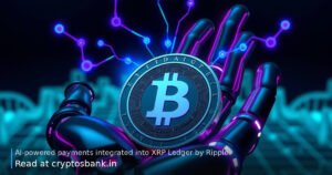A robotic hand holding an XRP coin with glowing AI circuit patterns and digital data streams.