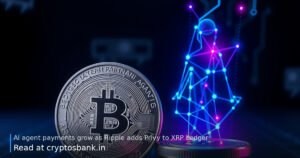 An illustration of an XRP coin connected to an AI agent silhouette via glowing data streams for payments.