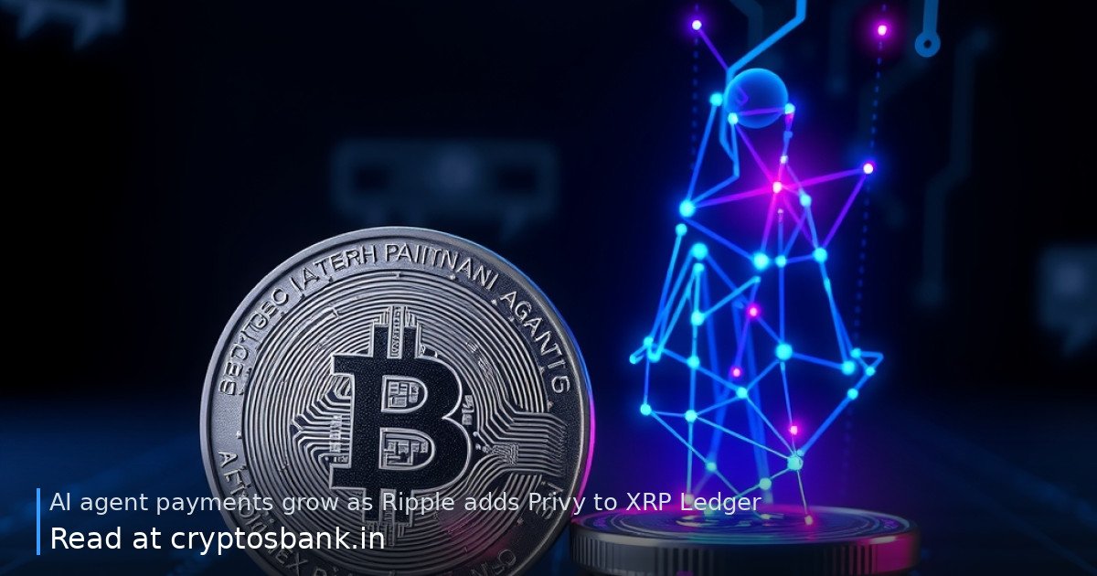 An illustration of an XRP coin connected to an AI agent silhouette via glowing data streams for payments.