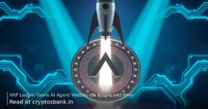 A sleek silver coin launching a glowing rocket with digital circuit patterns representing AI wallet integration.