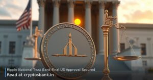 Ripple coin on the scales of justice before a US government building