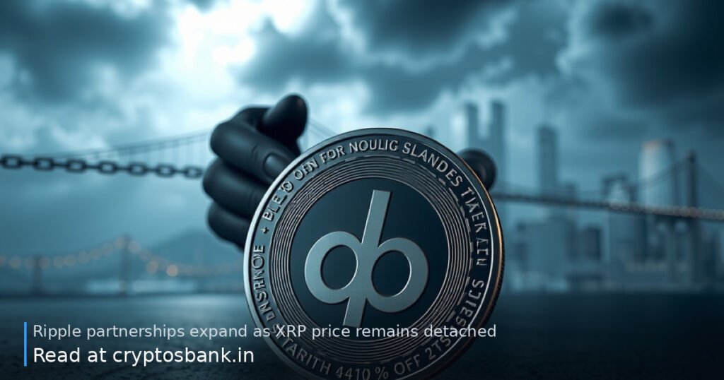 An abstract illustration of a dark silver coin disconnected from a glowing partnership bridge and city skyline.