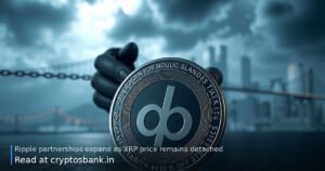 An abstract illustration of a dark silver coin disconnected from a glowing partnership bridge and city skyline.