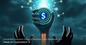 Illustration representing AI ownership inequality with a wealth token and neural network nodes.