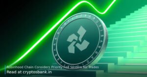 A dark silver coin with an abstract emblem climbing a glowing green staircase for faster trades.