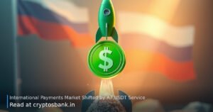 A green USDT coin on a launch pad with a rocket lifting off in front of the Russian flag.