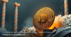 A gold Bitcoin coin climbs a glowing staircase as fiat money dissolves in the background.