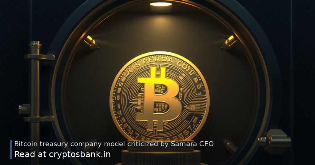 A gold Bitcoin locked inside a glass vault under dim light, illustrating passive treasury reserves.