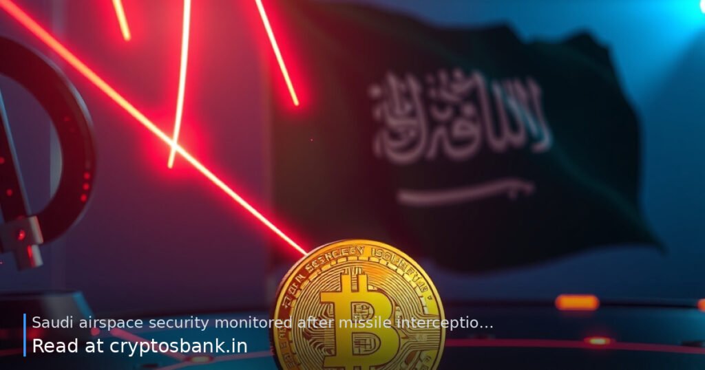 Bitcoin coin protected by a glowing shield against red threats with the Saudi Arabia flag behind.