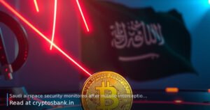 Bitcoin coin protected by a glowing shield against red threats with the Saudi Arabia flag behind.