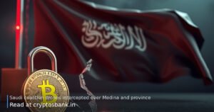 A Bitcoin coin next to a cracked padlock and a Saudi Arabian flag in the background.