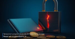 An illustration of a cracked hardware wallet and spilled coins under red warning lights.