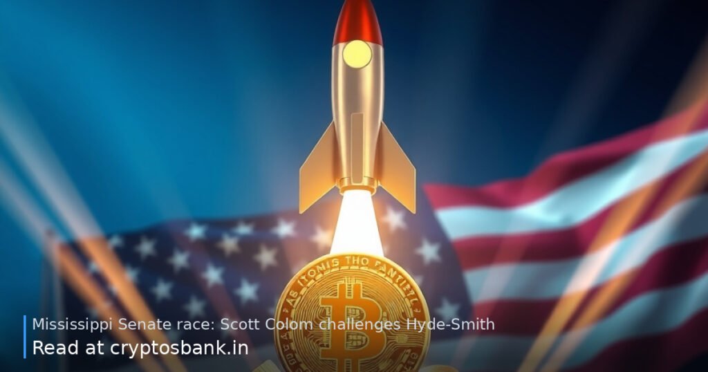 A golden Bitcoin coin sits on a launch pad as a rocket takes off against a US flag background.