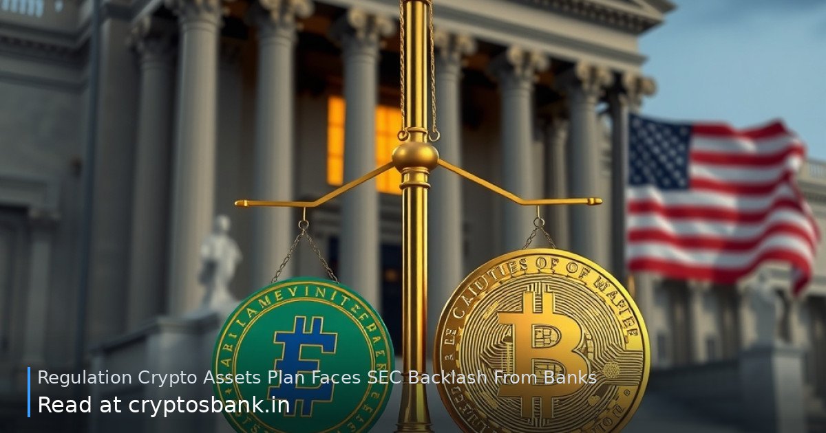 Crypto fundraising coins on the scales of justice before a government building with the US flag reflecting.