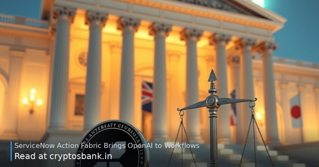 Enterprise AI governance illustration with an abstract coin, scales of justice, and a glowing upward staircase.