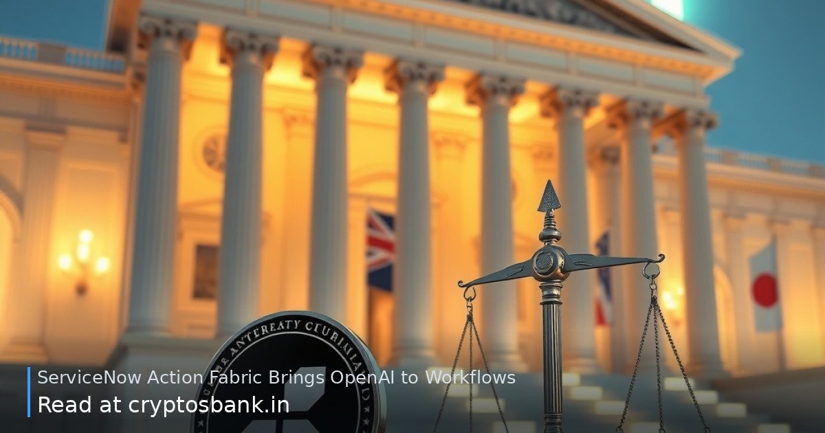 Enterprise AI governance illustration with an abstract coin, scales of justice, and a glowing upward staircase.