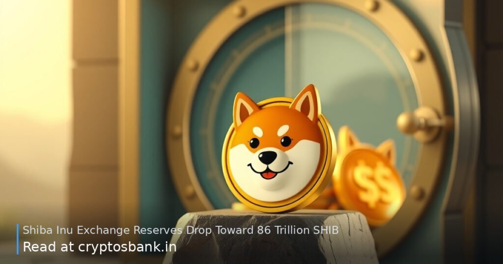 Shiba Inu coin on a stone support pedestal near a vault with shrinking token reserves.