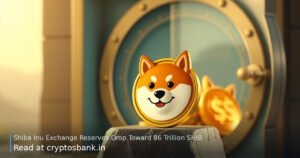 Shiba Inu coin on a stone support pedestal near a vault with shrinking token reserves.
