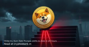 A Shiba Inu coin sliding down a dark staircase against a gloomy city skyline.