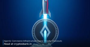 A dark silver coin with an abstract emblem on a launch pad as a rocket lifts off with bright spotlights.