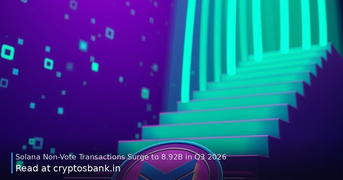 A purple and green Solana coin at the base of a glowing staircase with upward light trails.