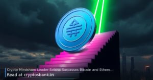 Solana token climbing a glowing green staircase above a city skyline, symbolizing market leadership.