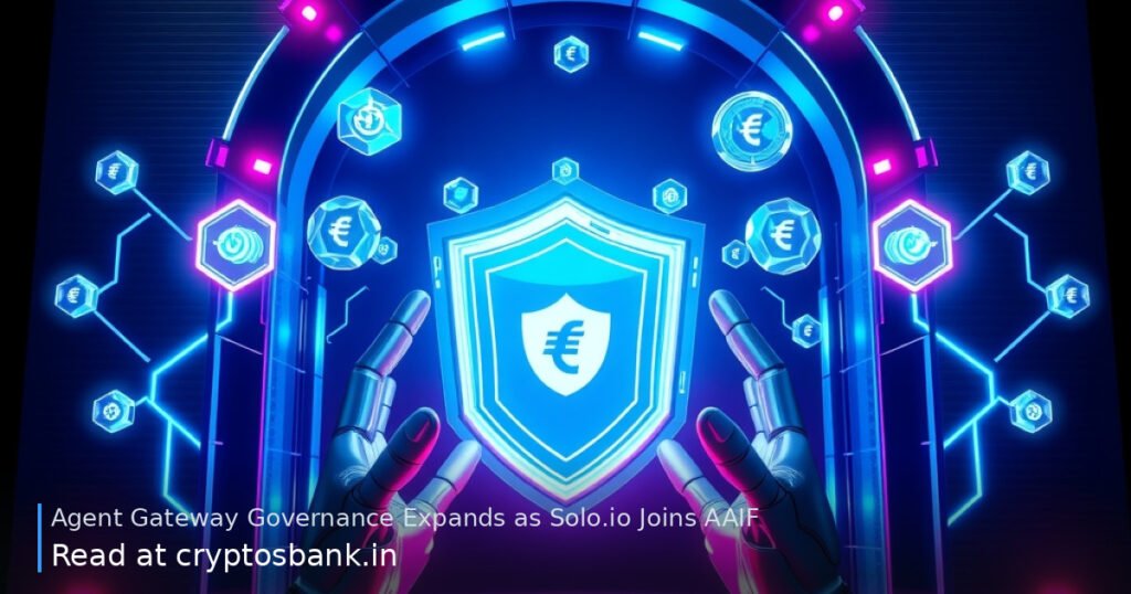 A futuristic glowing digital gateway with connected nodes and a crystalline shield emblem, illustrating AI governance.