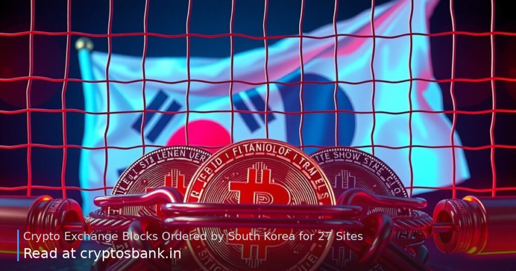 Crypto coins wrapped in chains behind a red barrier with the South Korean flag.